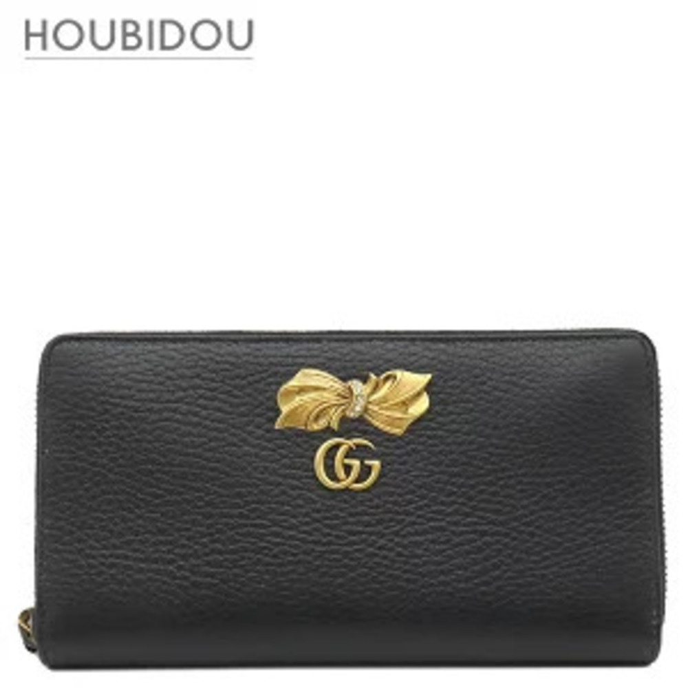 Gucci Long Wallet Bow Zip Around Leather Black Pink GG Marmont Ribbon Motif